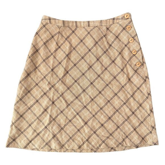 ESPRIT Tan Y2K Preppy Wool Blend Side Button Plaid A-Line Knee Skirt - Size 1/2 - Picture 1 of 4